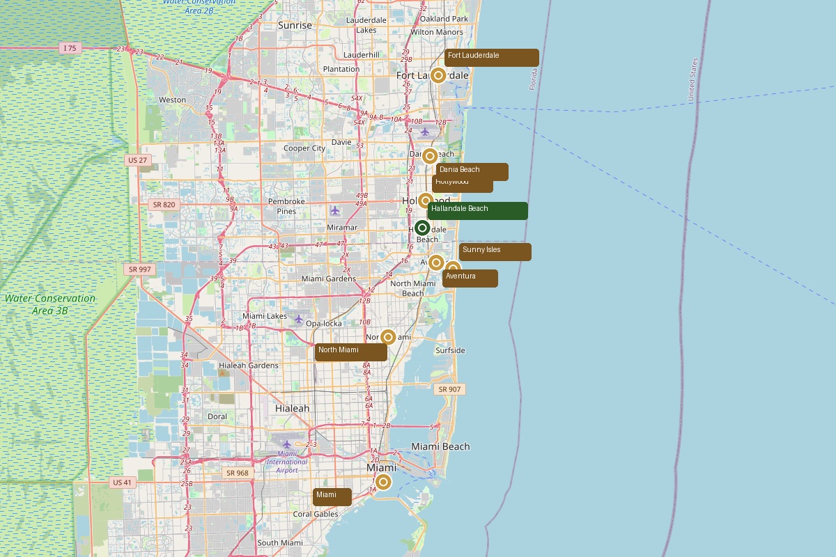 Delivery zone map: Miami, Hallandale Beach, Hollywood, Aventura, Sunny Isles, North Miami, Dania Beach, Fort Lauderdale