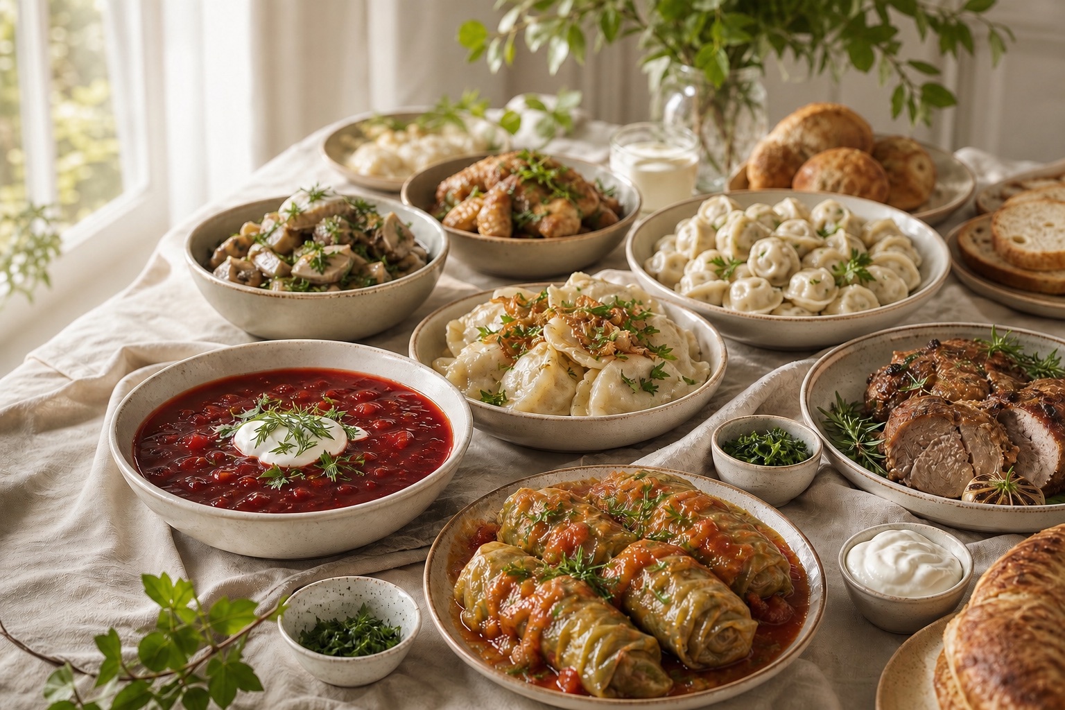 Homemade Eastern European dinner table with borscht, varenyky, holubtsi, mushroom dish, roasted meat and fresh bread